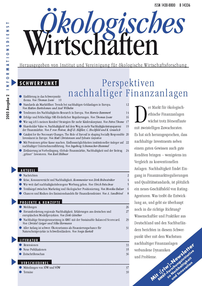 					Ansehen Bd. 18 Nr. 2 (2003): Perspektiven nachhaltiger Finanzanlagen
				