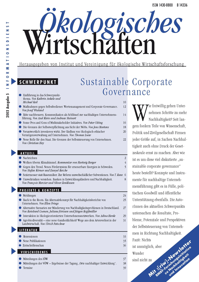 					Ansehen Bd. 18 Nr. 5 (2003): Sustainable Corporate Governance
				